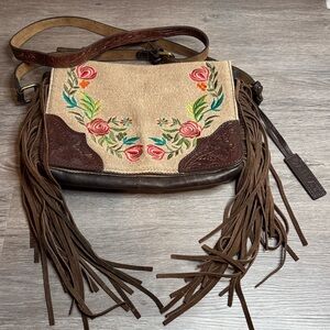 Ariat Embroidered Floral Leather Fringe Crossbody Bag